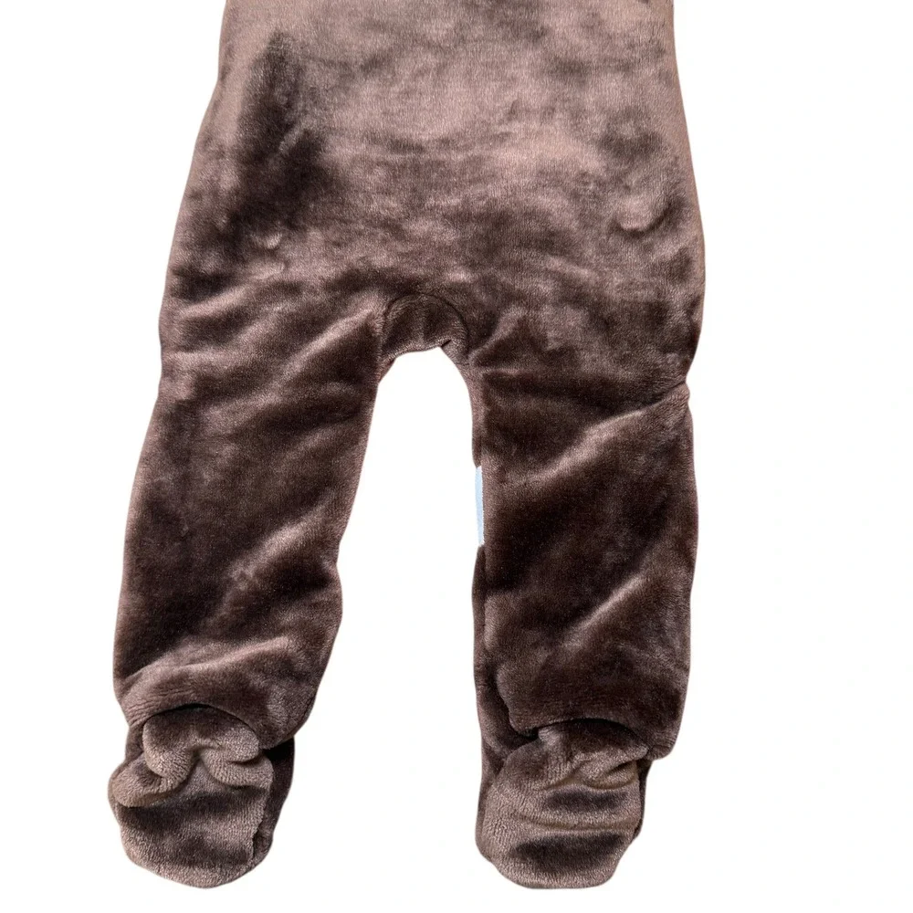 Baby‎ Football Fleece Hooded Bunting Snowsuit Brown Blue Cozy Plush 3-6 Months